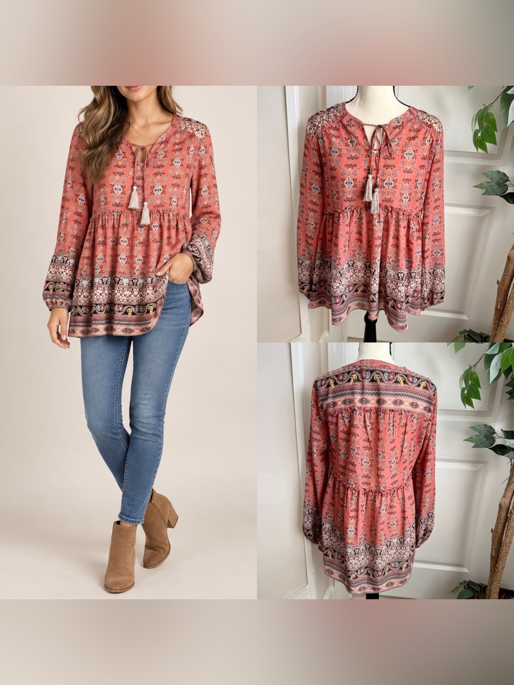 Knox Rose Boho Border Print Tassel Tie Babydoll Tunic Top Coral Sz S